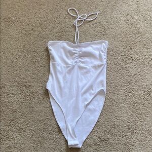 Zara White Bodysuit with Halter Neckline and High Cut Leg *Large